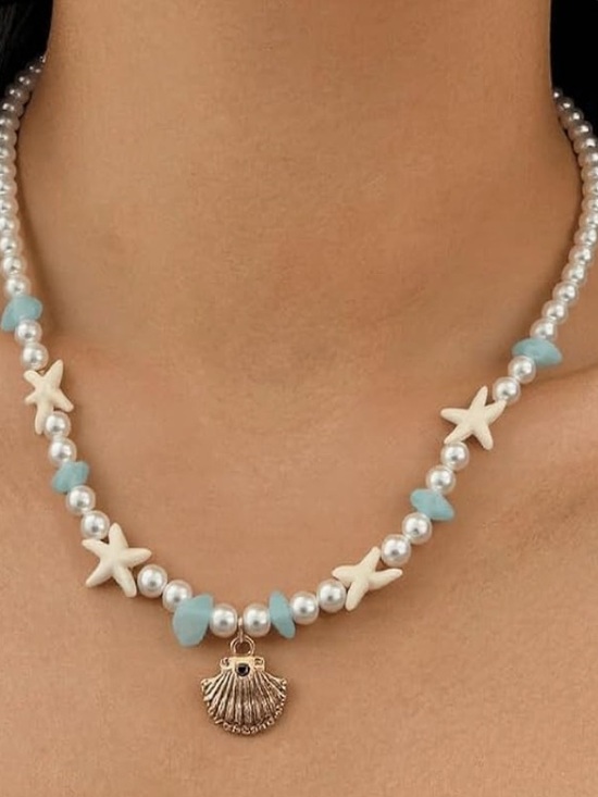 Anthropologie Jewelry - Anthropologie Pearl & Aqua Bead Necklace with Gold Shell Charm